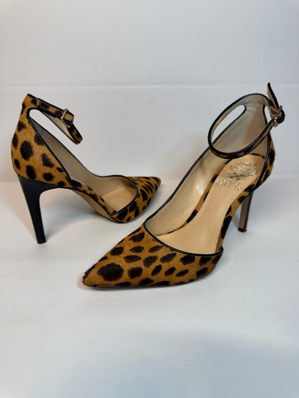 Vince Camuto Leopard Hair-On-Hide Pointed Toe Ankle Strap Heels 7
